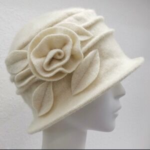 Cream Wool Blend Cloche Hat 1920s Style Floral Rose Accent Bucket Hat